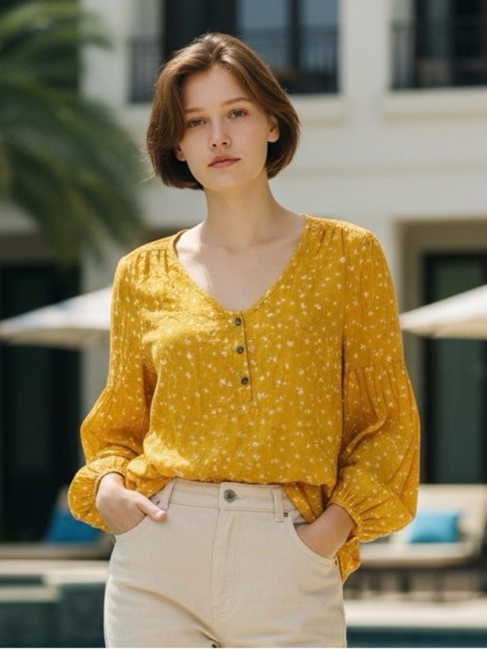 Mustard Yellow Floral Blouse Women’s Size Medium Long Sleeve V-Neck Button Boho